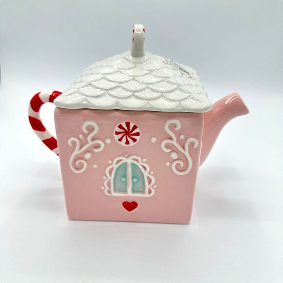 LANG Christmas Pastel Pink Gingerbread Peppermint Teapot Coffee Pot - Picture 2 of 5